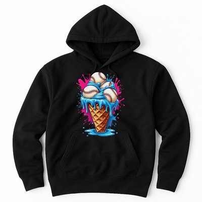 Baseball Ice Cream Funny Ice Cream Baseball Drip Watercolor Hoodie