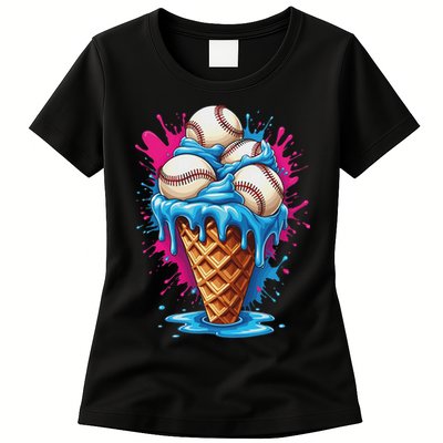 Baseball Ice Cream Funny Ice Cream Baseball Drip Watercolor Womens T-Shirt