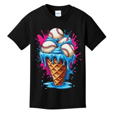 Baseball Ice Cream Funny Ice Cream Baseball Drip Watercolor Kids T-Shirt