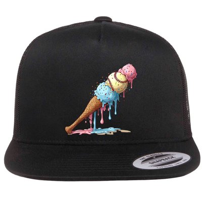Baseball Ice Cream Watercolor Lover Ice Cream Cone Boy Flat Bill Trucker Hat