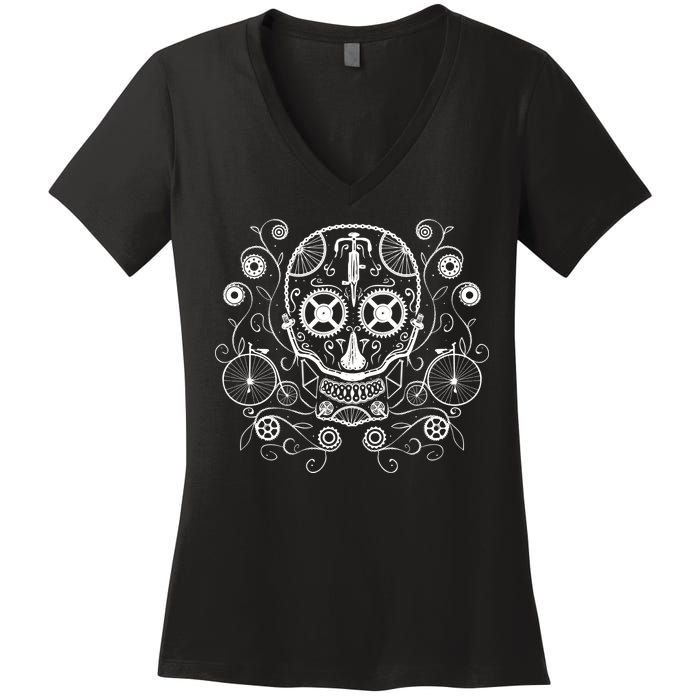 Bicycle Skull Women's V-Neck T-Shirt