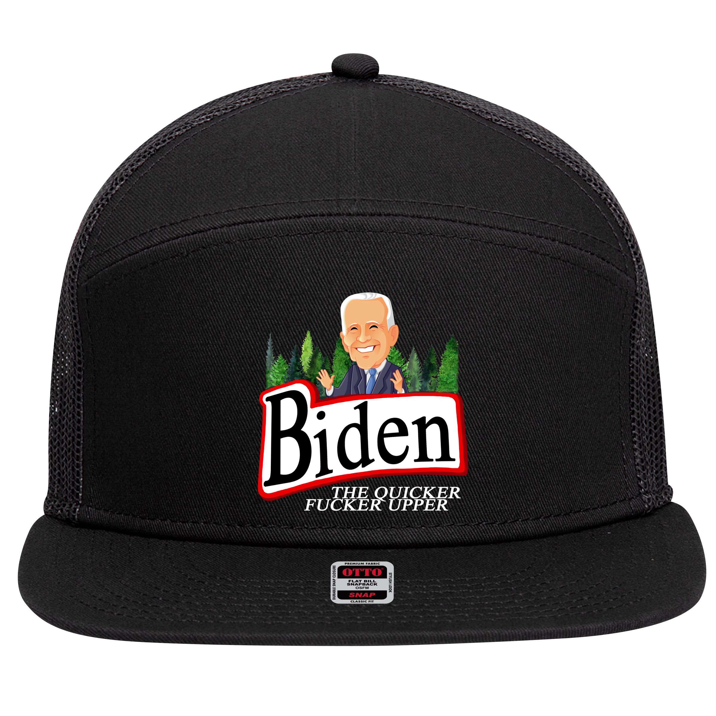 Biden The Quicker Fucker Upper Funny Cartoon 7 Panel Mesh Trucker Snapback Hat
