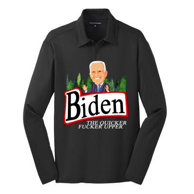 Biden The Quicker Fucker Upper Funny Cartoon Silk Touch Performance Long Sleeve Polo