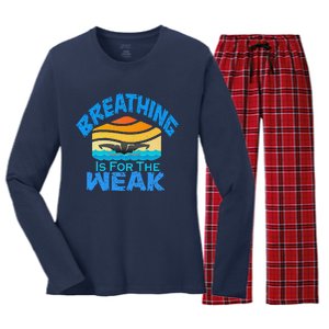 Breathing Is For The Weak Sports Swimming Funny Swimmers Women's Long Sleeve Flannel Pajama Set 