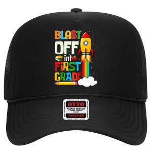 Blast Into First Grade Back To School 1st Grade High Crown Mesh Back Trucker Hat