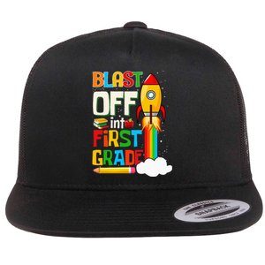 Blast Into First Grade Back To School 1st Grade Flat Bill Trucker Hat