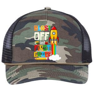 Blast Into First Grade Back To School 1st Grade Retro Rope Trucker Hat Cap