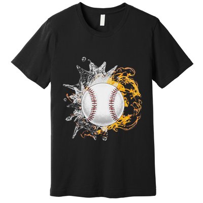 Baseball Ice Flame Fire Cool Sports Pitcher Catcher Gift Premium T-Shirt