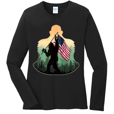 Big Foot American Flag Ladies Long Sleeve Shirt