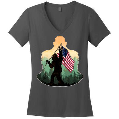 Big Foot American Flag Women's V-Neck T-Shirt