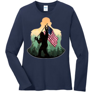 Big Foot American Flag Ladies Long Sleeve Shirt