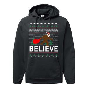 Big Foot Believe Ugly Christmas Sweater Performance Fleece Hoodie