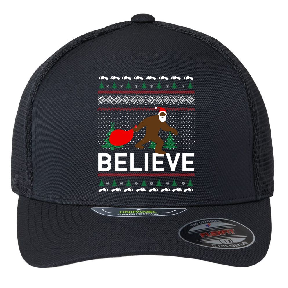 Big Foot Believe Ugly Christmas Sweater Flexfit Unipanel Trucker Cap