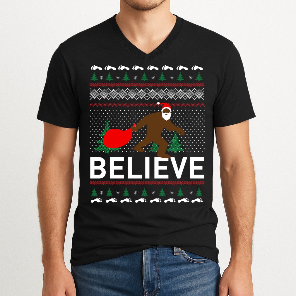 Big Foot Believe Ugly Christmas Sweater V-Neck T-Shirt