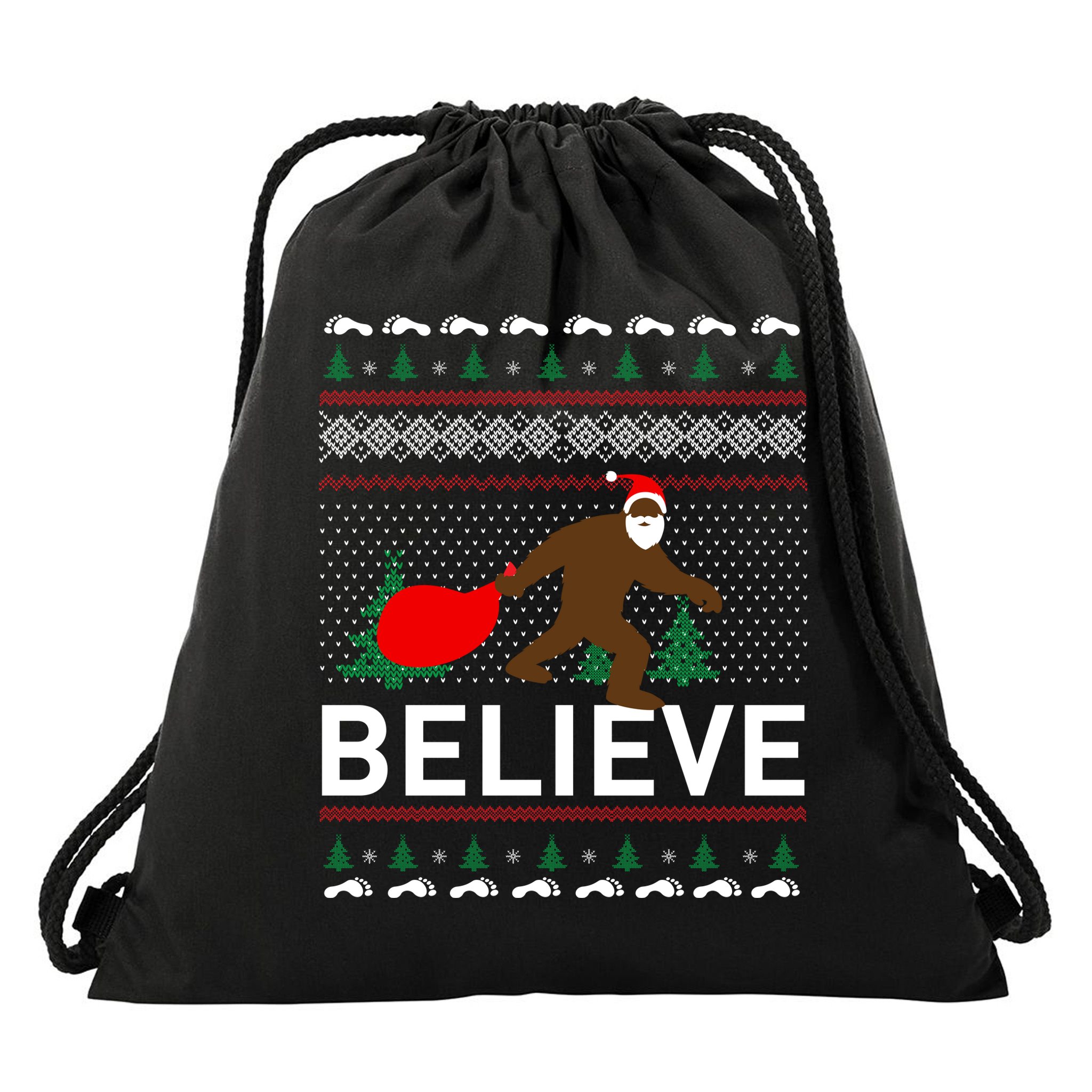 Big Foot Believe Ugly Christmas Sweater Drawstring Bag