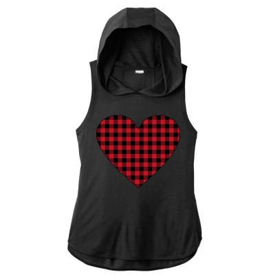 Big Heart Red Plaid Valentines Day Ladies PosiCharge Tri-Blend Wicking Draft Hoodie Tank