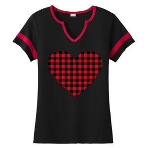 Big Heart Red Plaid Valentines Day Ladies Halftime Notch Neck Tee