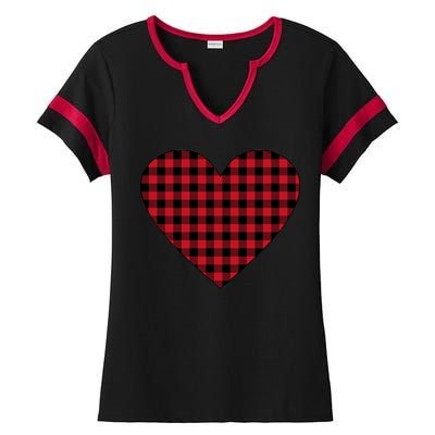 Big Heart Red Plaid Valentines Day Ladies Halftime Notch Neck Tee