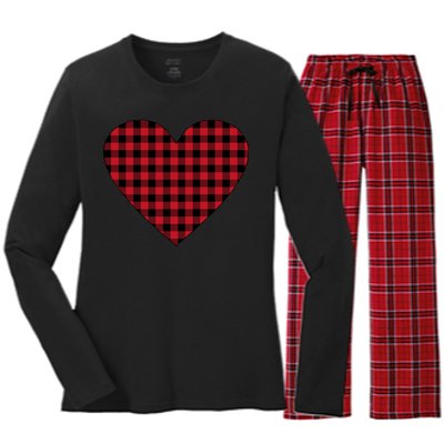 Big Heart Red Plaid Valentines Day Women's Long Sleeve Flannel Pajama Set 