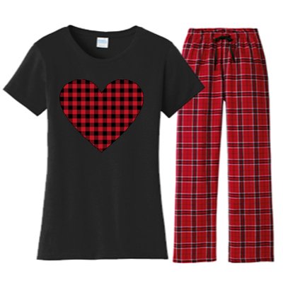 Big Heart Red Plaid Valentines Day Women's Flannel Pajama Set