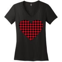 Big Heart Red Plaid Valentines Day Women's V-Neck T-Shirt