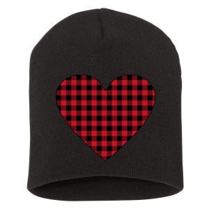 Big Heart Red Plaid Valentines Day Short Acrylic Beanie