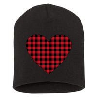 Big Heart Red Plaid Valentines Day Short Acrylic Beanie