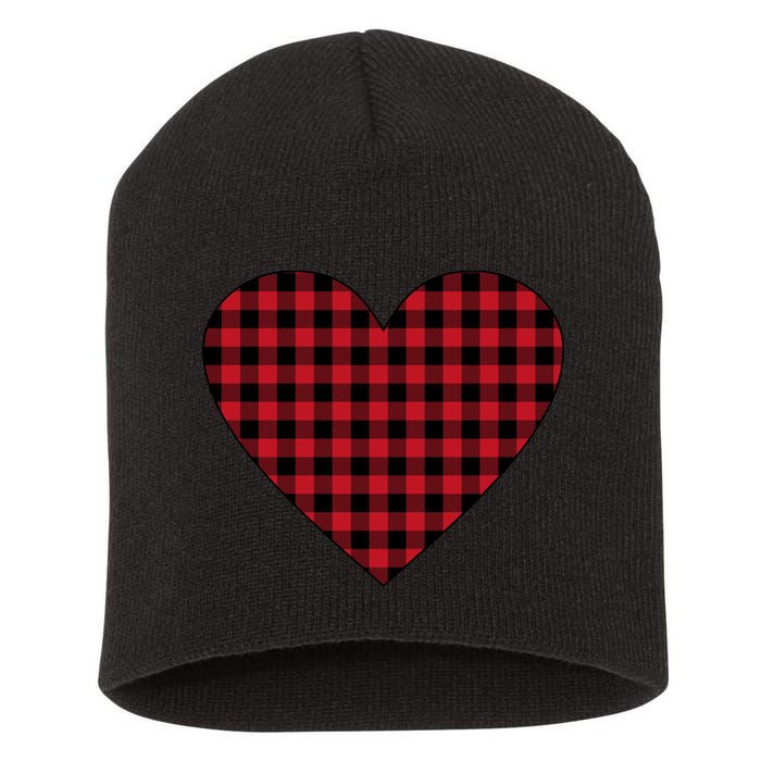 Big Heart Red Plaid Valentines Day Short Acrylic Beanie