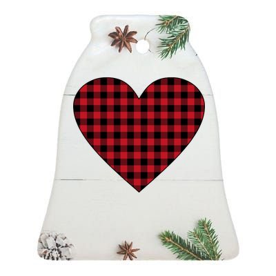 Big Heart Red Plaid Valentines Day Ceramic Bell Ornament