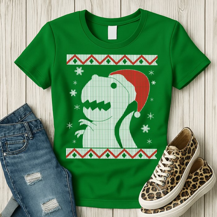 Big T-Rex Ugly Christmas Womens T-Shirt
