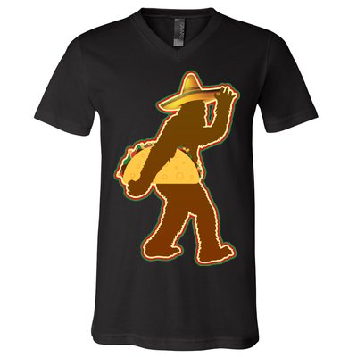 Bigfoot Carrying Taco Cinco de Mayo V-Neck T-Shirt