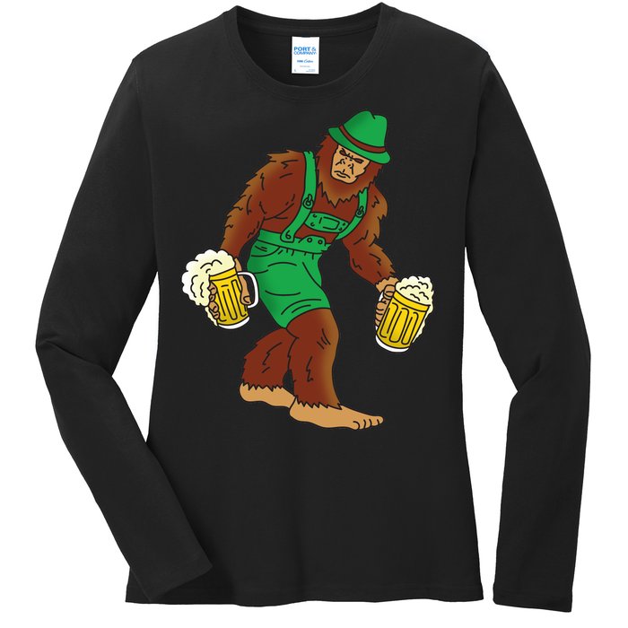 Bigfoot in Lederhosen Oktoberfest Beer Ladies Long Sleeve Shirt