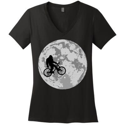 Bigfoot In The Moon Sasquatch Women's V-Neck T-Shirt