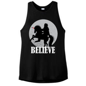 Bigfoot Riding Unicorn Believe Ladies PosiCharge Tri-Blend Wicking Tank