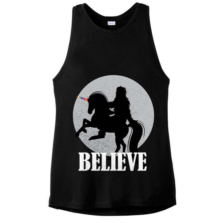 Bigfoot Riding Unicorn Believe Ladies PosiCharge Tri-Blend Wicking Tank