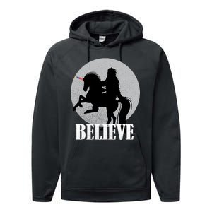 Bigfoot Riding Unicorn Believe Performance Fleece Hoodie