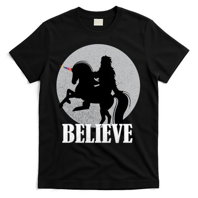 Bigfoot Riding Unicorn Believe T-Shirt