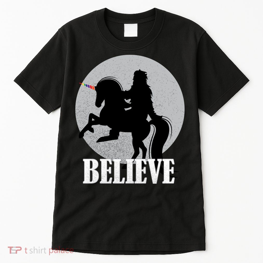 Bigfoot Riding Unicorn Believe Tall T-Shirt