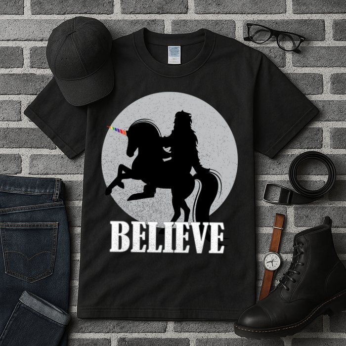 Bigfoot Riding Unicorn Believe Tall T-Shirt