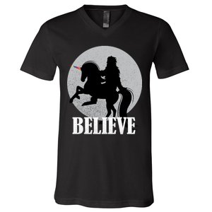 Bigfoot Riding Unicorn Believe V-Neck T-Shirt