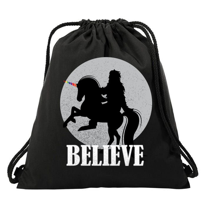 Bigfoot Riding Unicorn Believe Drawstring Bag