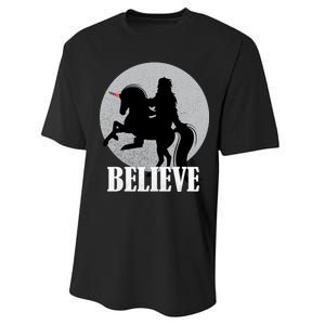 Bigfoot Riding Unicorn Believe Performance Sprint T-Shirt