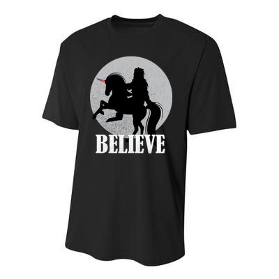 Bigfoot Riding Unicorn Believe Youth Performance Sprint T-Shirt