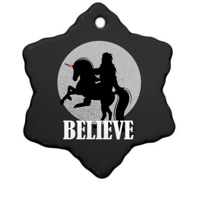 Bigfoot Riding Unicorn Believe Ceramic Star Ornament