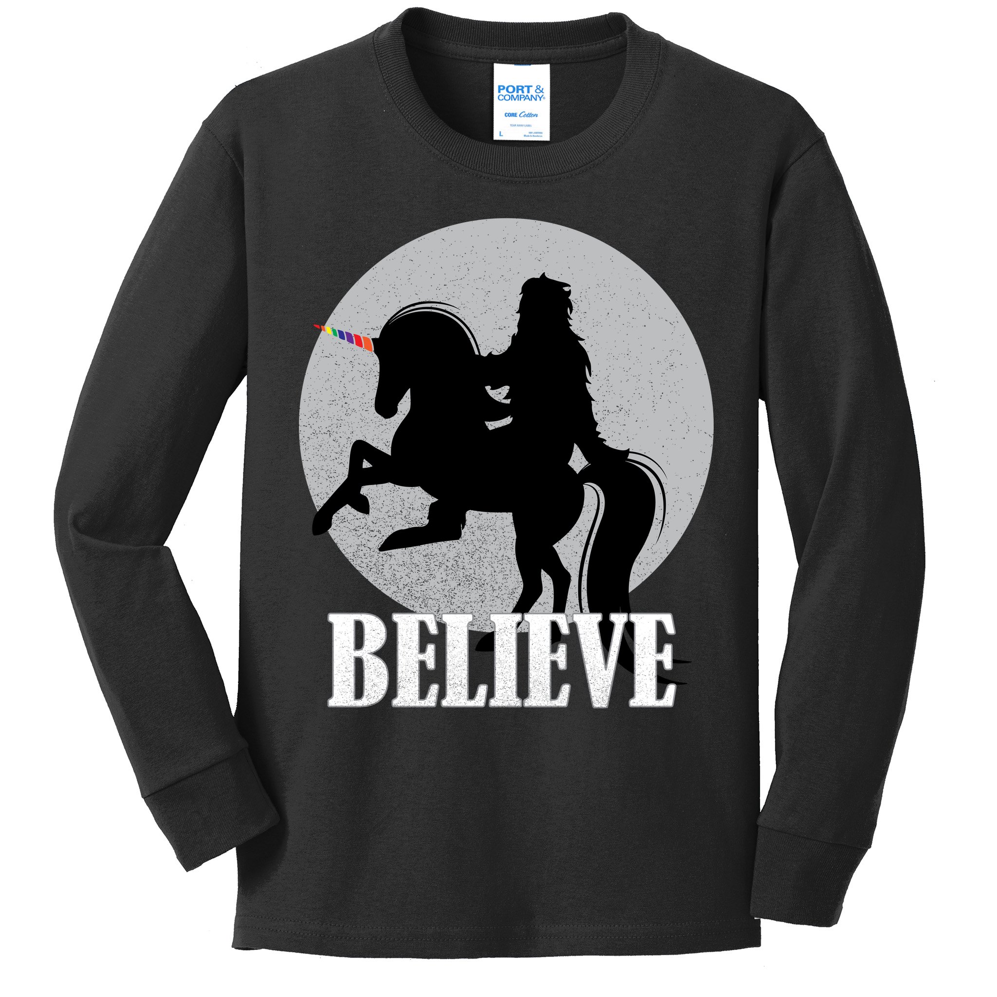 Bigfoot Riding Unicorn Believe Kids Long Sleeve Shirt