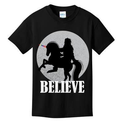 Bigfoot Riding Unicorn Believe Kids T-Shirt