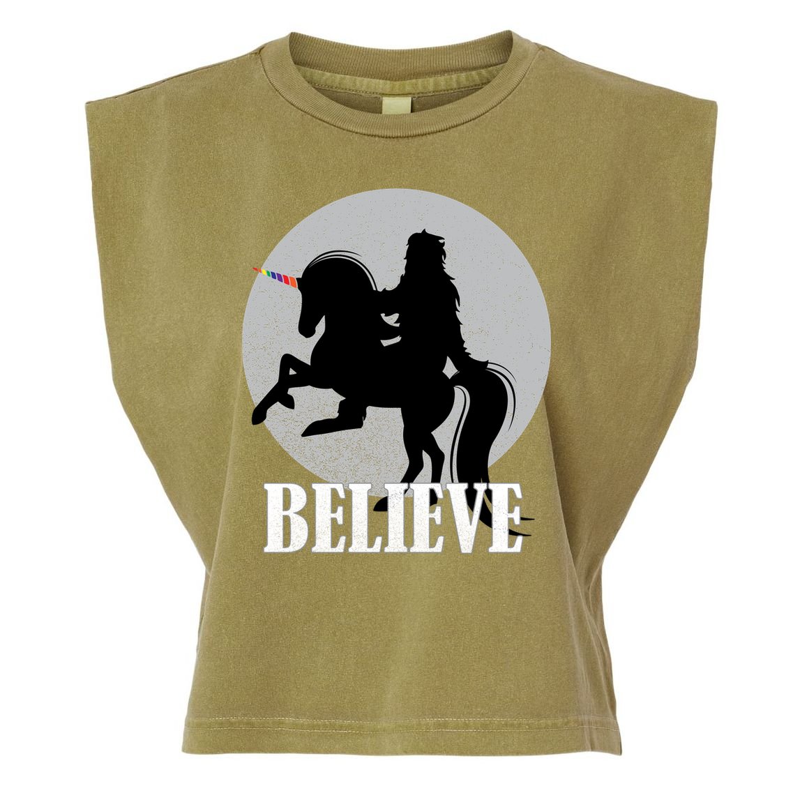 Bigfoot Riding Unicorn Believe Garment-Dyed Women's Muscle Tee
