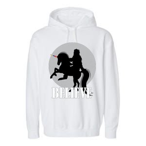 Bigfoot Riding Unicorn Believe Garment-Dyed Fleece Hoodie