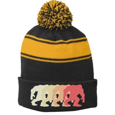 Bigfoot Silhouette Retro Sasquatch Stripe Pom Pom Beanie