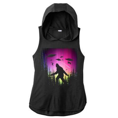 Bigfoot UFOs In Forest Ladies PosiCharge Tri-Blend Wicking Draft Hoodie Tank